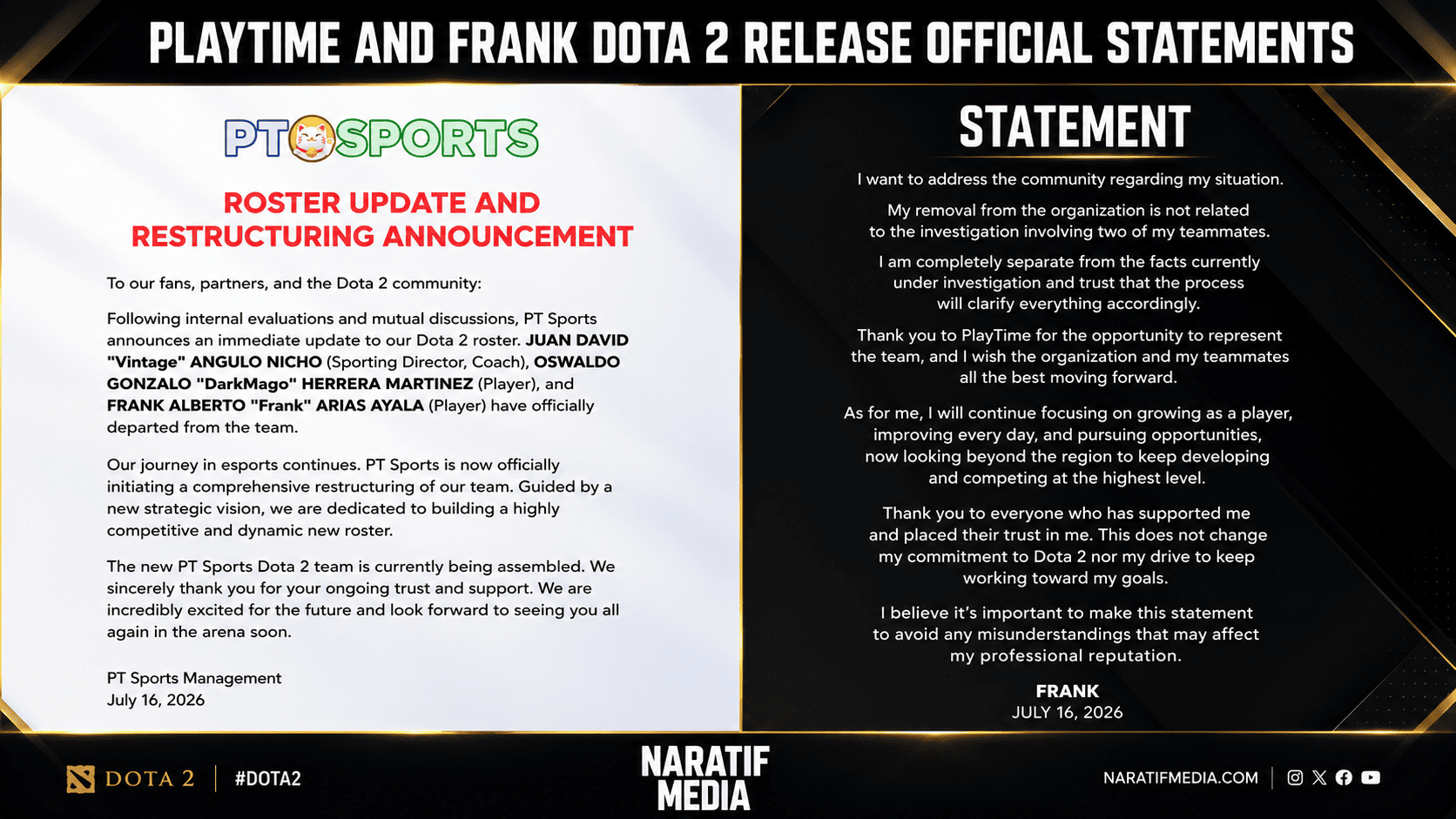 Play Time mengumumkan perubahan roster usai dugaan match fixing di Esports World Cup 2026. Frank turut merilis pernyataan resmi. (naratifmedia.com)