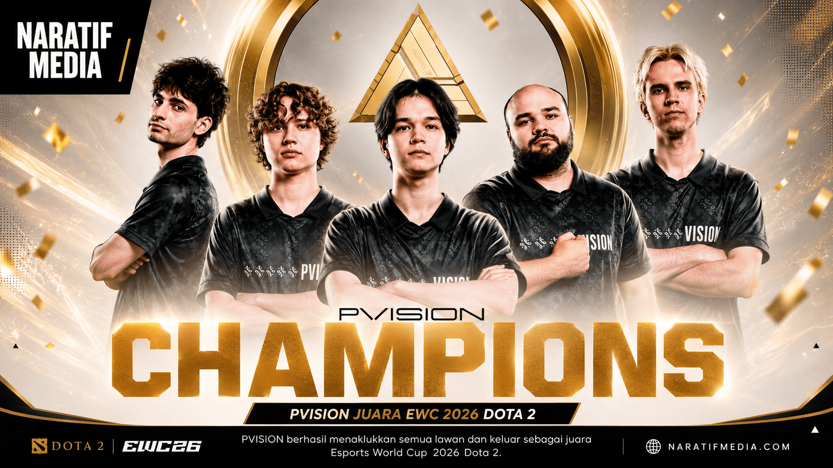 Tim Vision memastikan gelar juara Esports World Cup 2026 Dota 2 setelah menundukkan Tim BoomBoys 3-1 pada laga grand final. (naratifmedia.com/EWC_Extra)